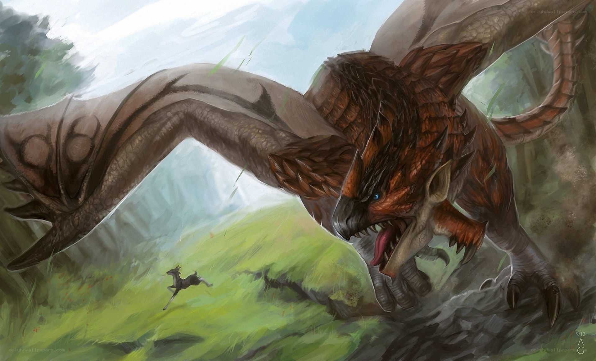 dragon hunting prey in forest