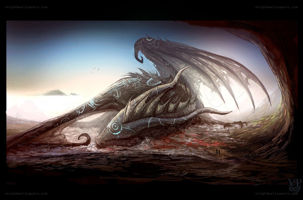 Dragon in a cave at dawn