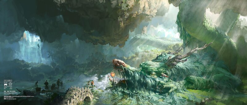 Dragon in a Cave — Green, Dramatic, Digital Art