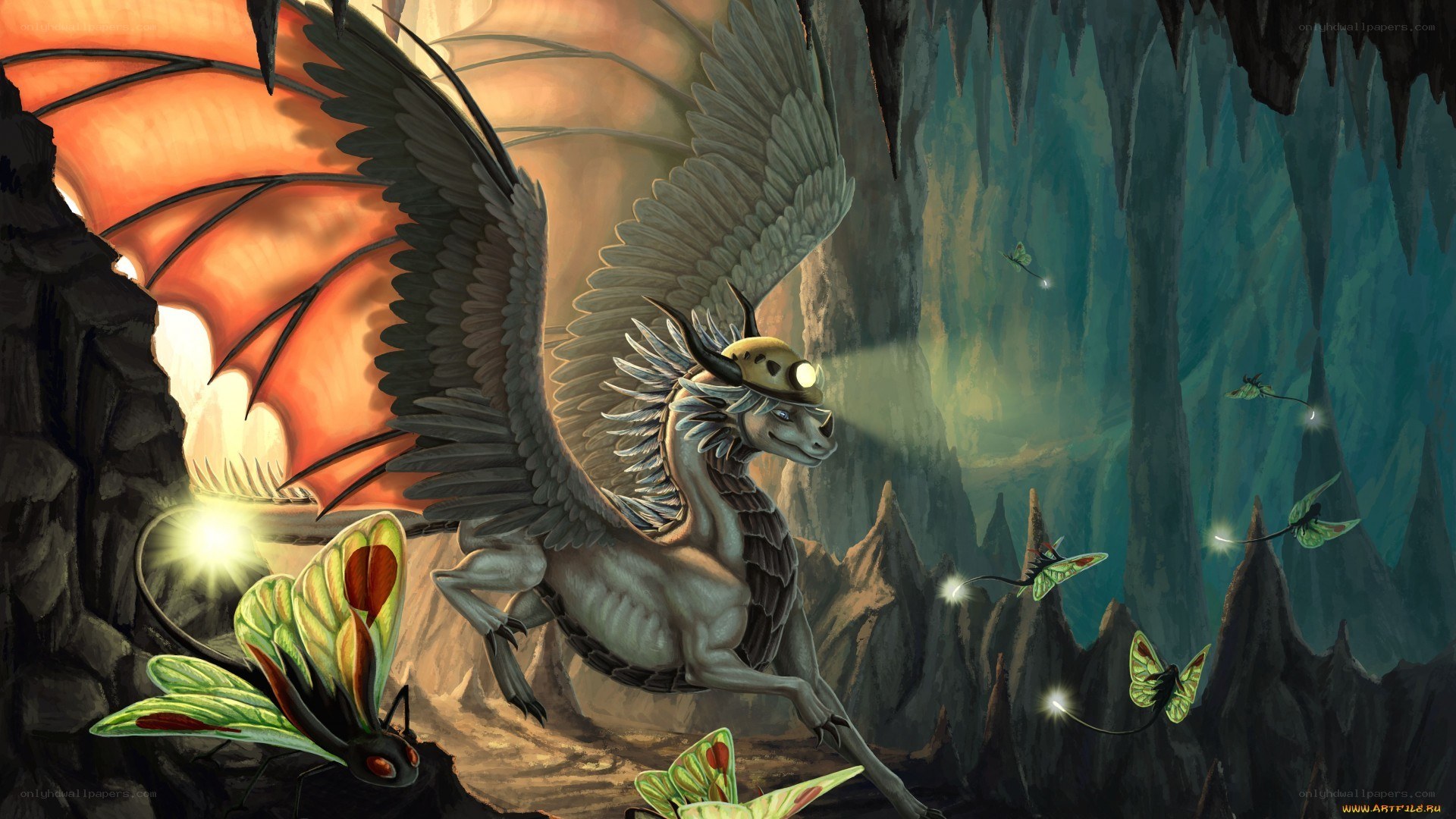 dragon in a cave with fireflies