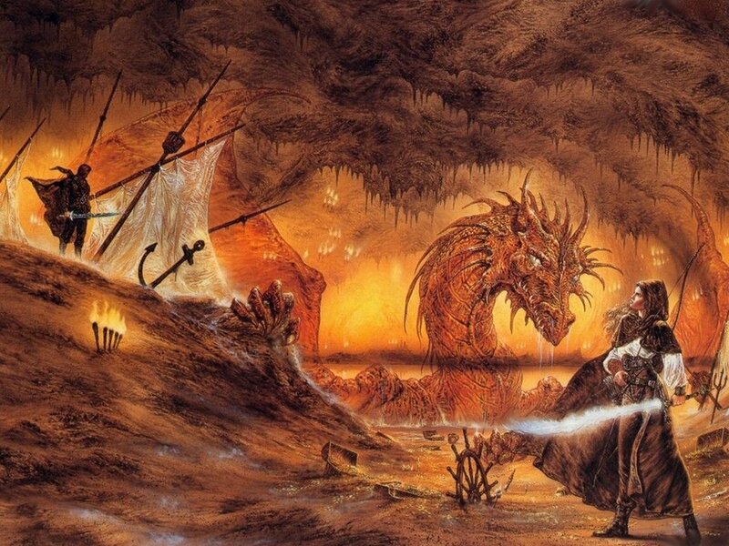Dragon in a cave with warriors
