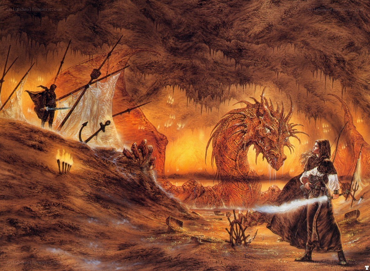 Dragon in a cavern with adventurers
