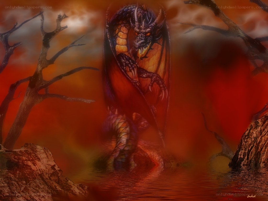 dragon in a fiery landscape