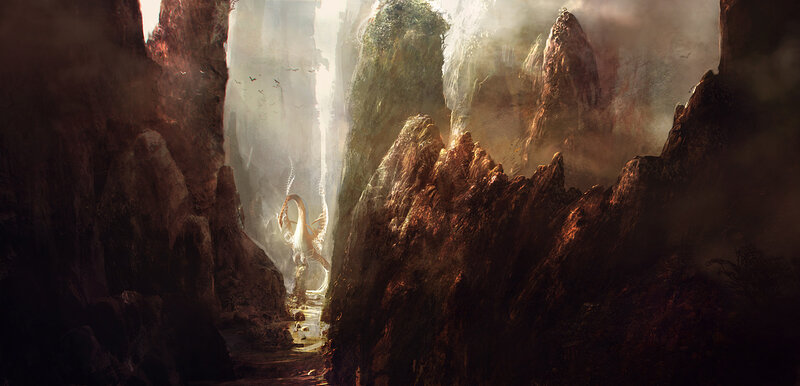 dragon in a misty canyon
