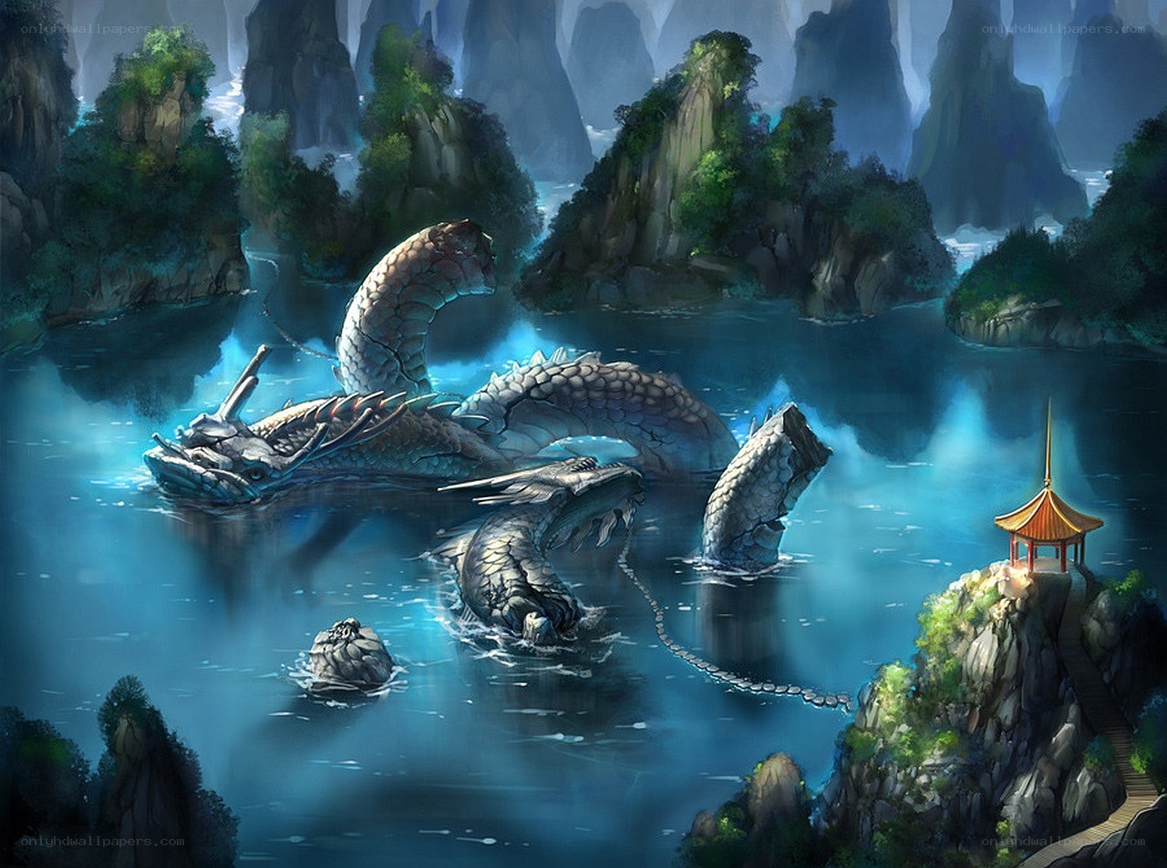 Dragon in a misty lake