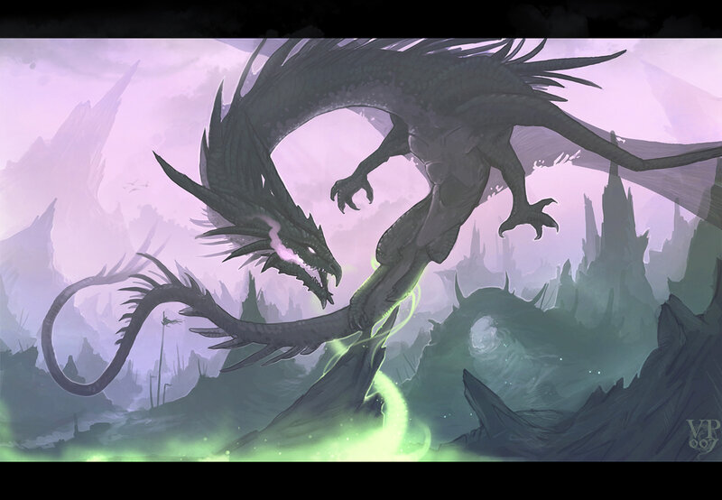 dragon in a misty landscape