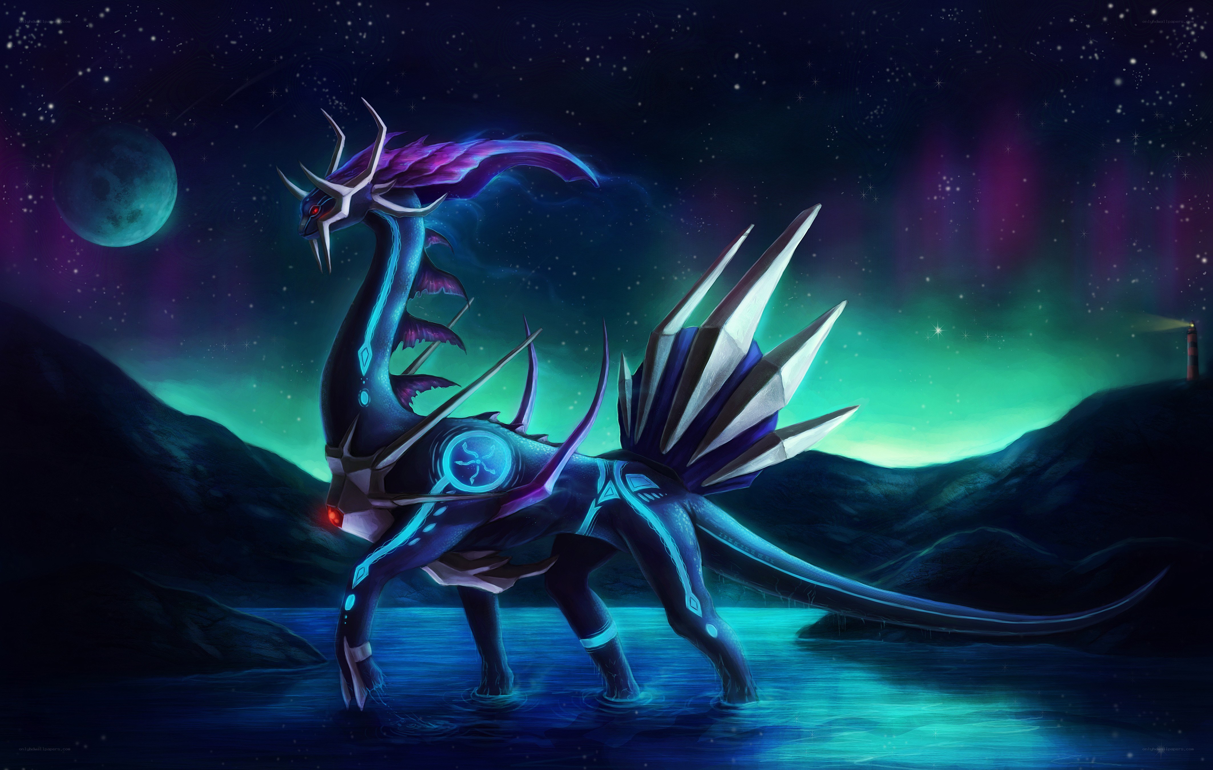 dragon in a starlit landscape