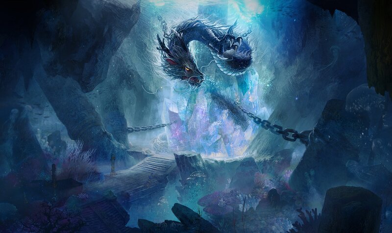 Dragon in Cave — Blue, Dramatic, Digital Art