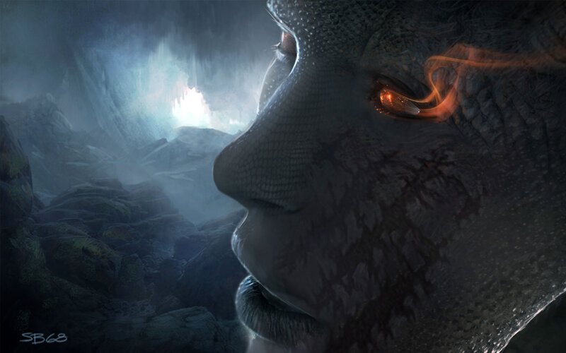 Dragon in Cave — Gray, Dramatic, Digital Art, Light