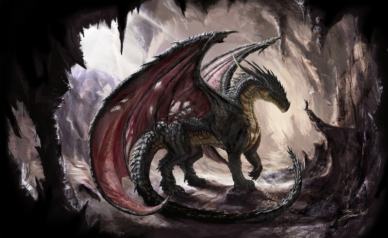 Dragon in Cave — Gray, Dramatic, Digital Art