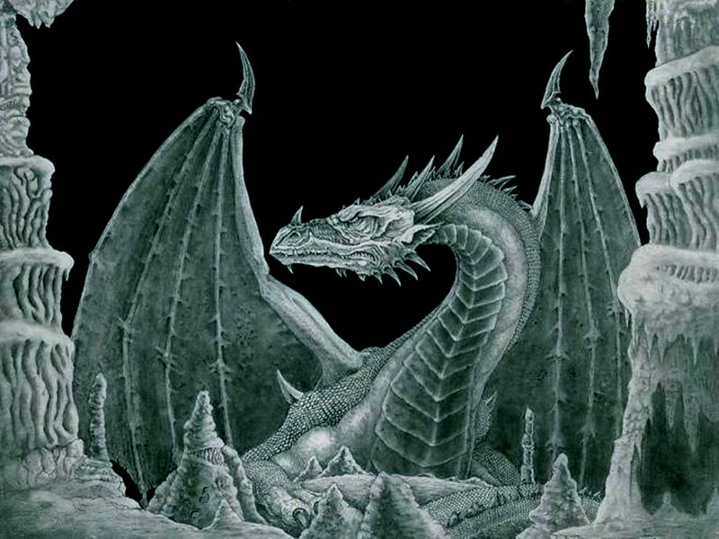 Dragon in Cave — Gray, Dramatic, Illustration