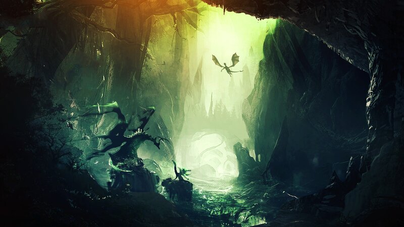 Dragon in Cave — Green, Dramatic, Digital Art