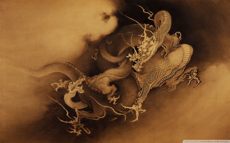 Dragon in Clouds — Brown, Dramatic, Illustration