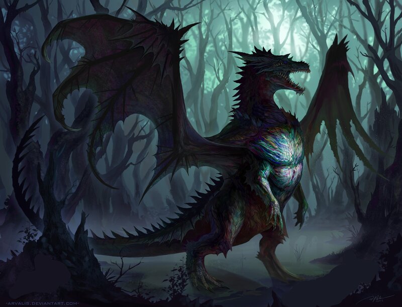 Dragon in Dark Forest — Green, Night
