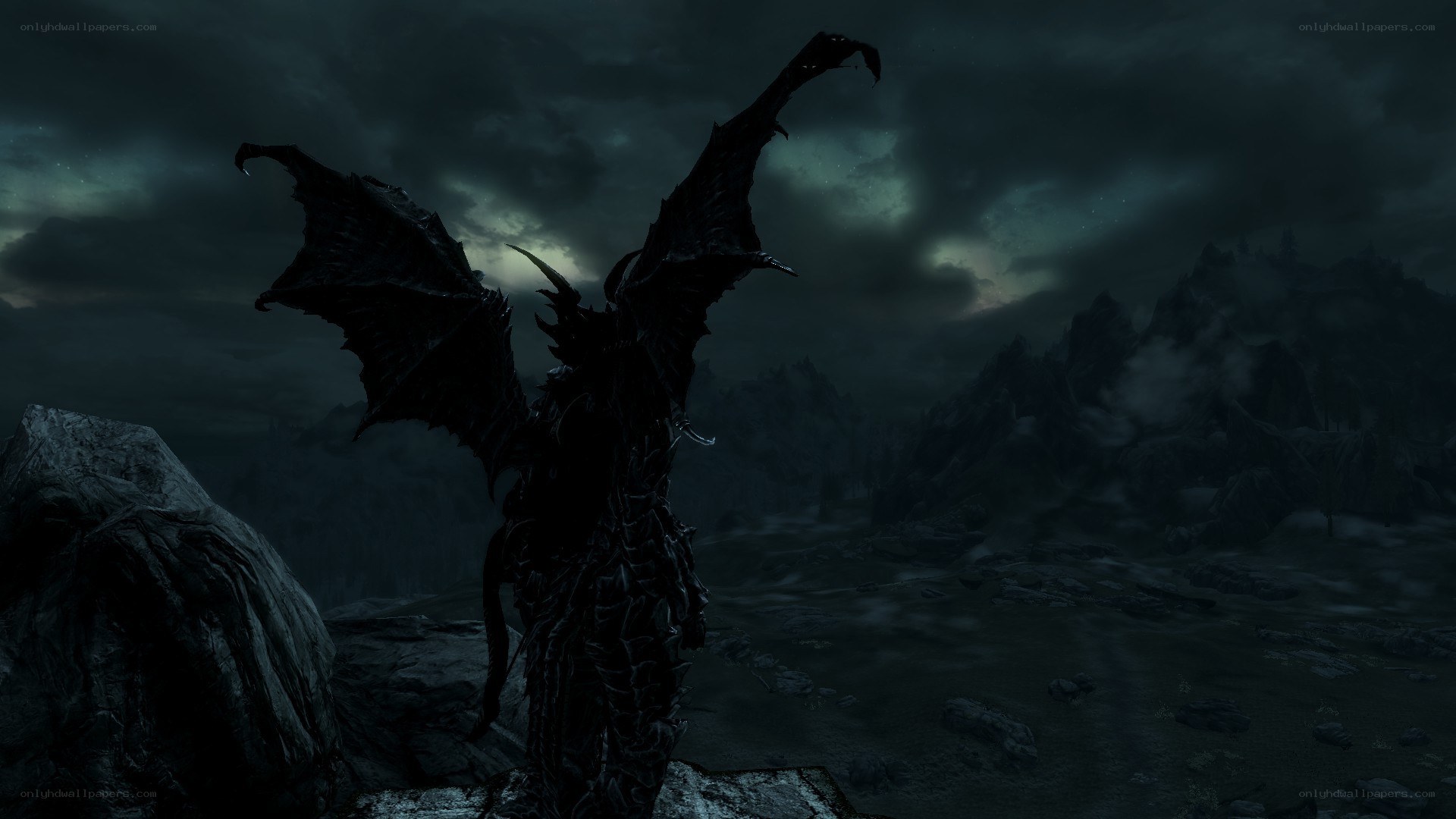 Dragon in dark landscape