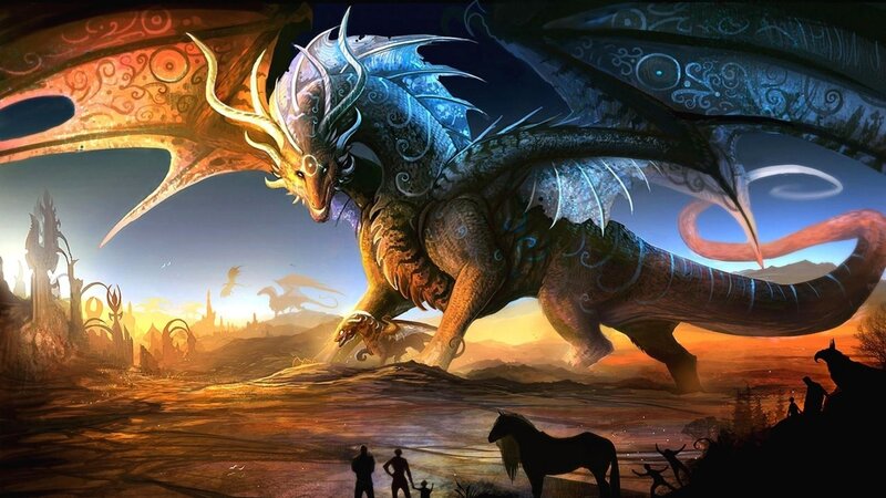 Dragon in Desert Landscape — Blue