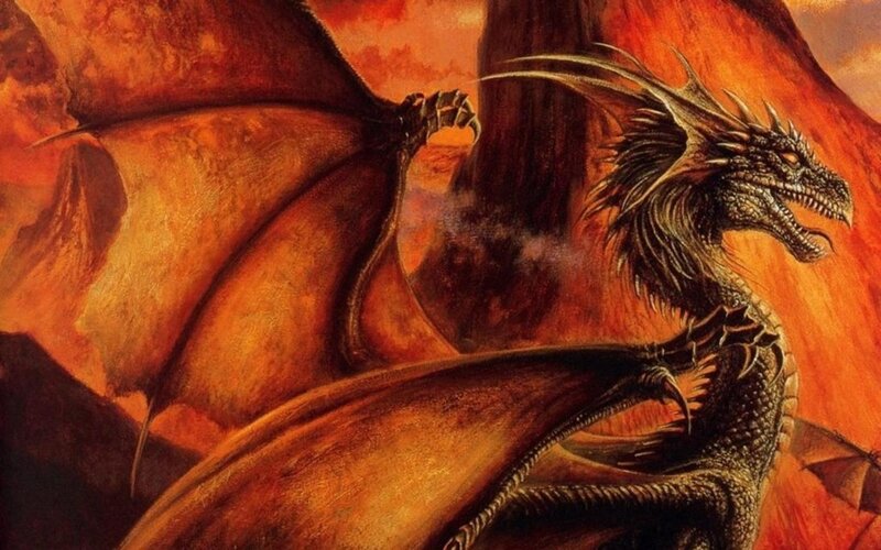 dragon in fiery landscape