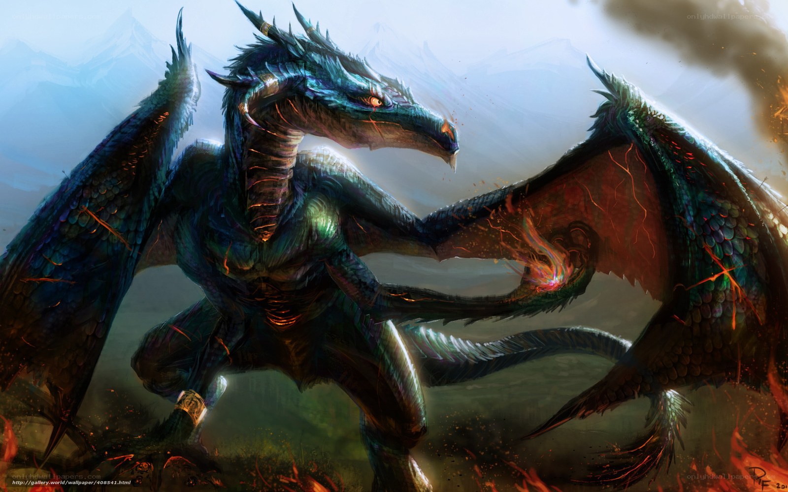 dragon in fiery landscape
