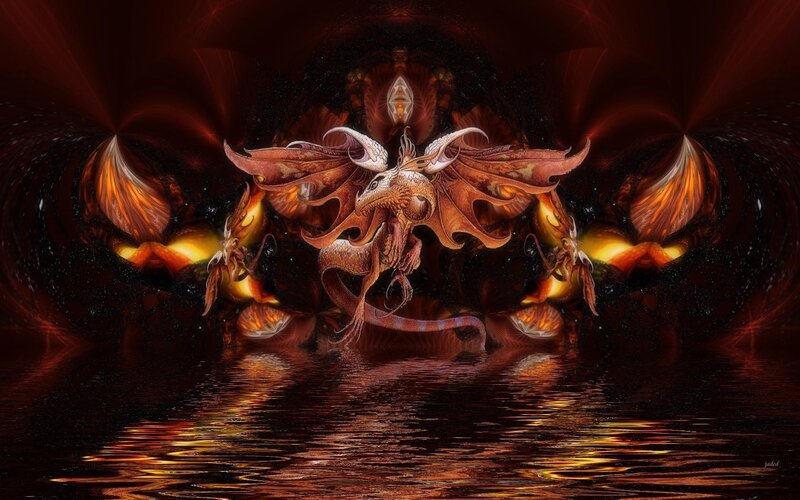 dragon in fiery reflection