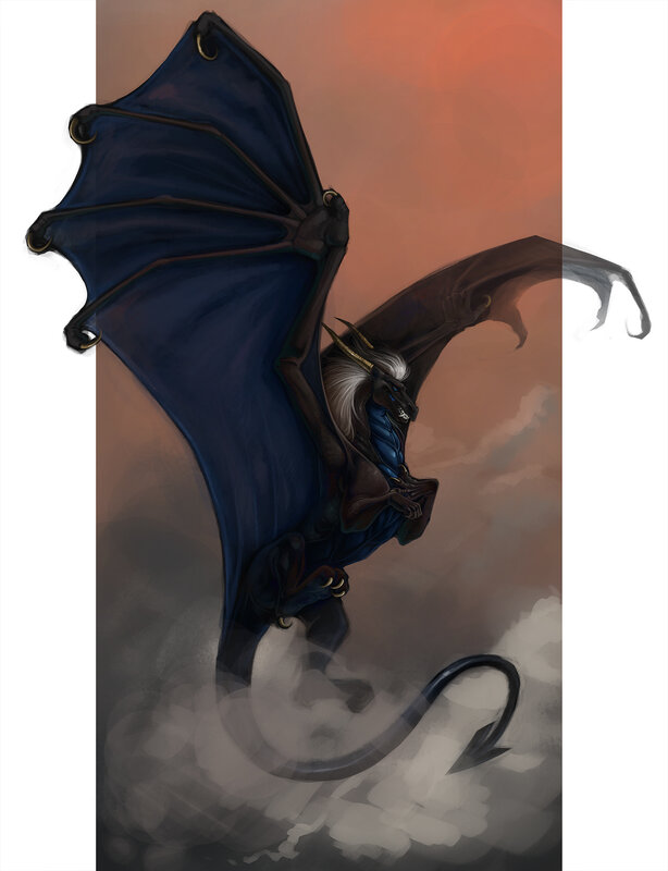 Dragon in Flight — Blue, Dramatic, Sunset