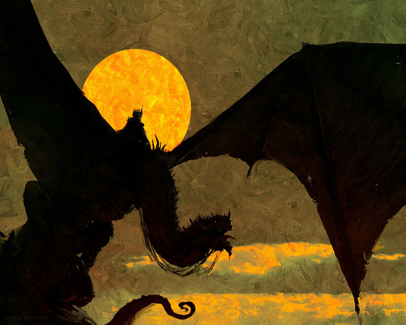 Dragon in Flight — Orange, Dramatic, Sunset, Digital Art, Sun