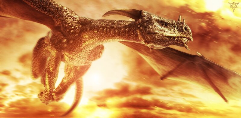 Dragon in Flight — Orange, Dramatic, Sunset, Digital Art