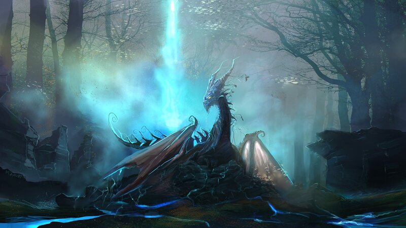Dragon in Forest — Blue, Dramatic, Night