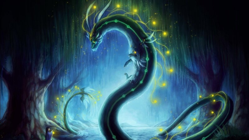 Dragon in Forest — Blue, Mystical, Night, Digital Art