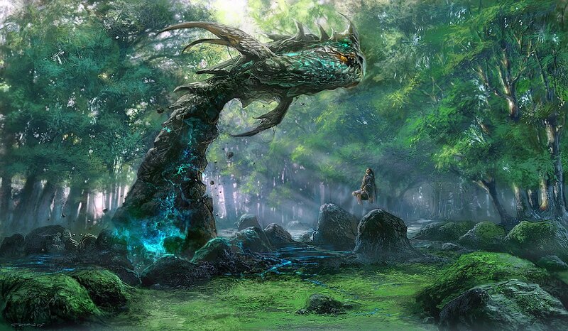 Dragon in Forest — Green, Mystical, Morning