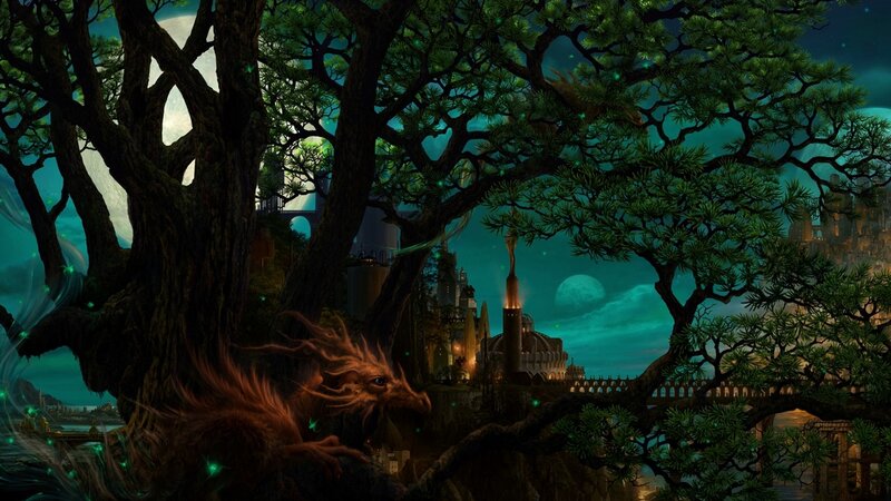 Dragon in Forest — Green, Mystical, Night, Digital Art