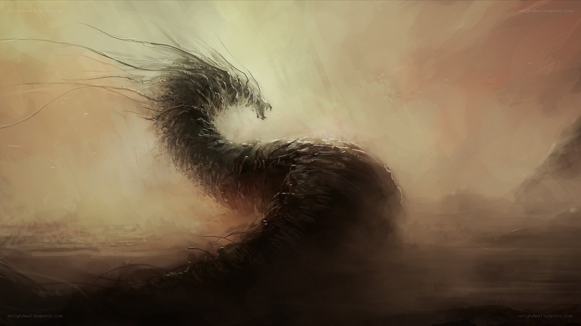 dragon in misty landscape