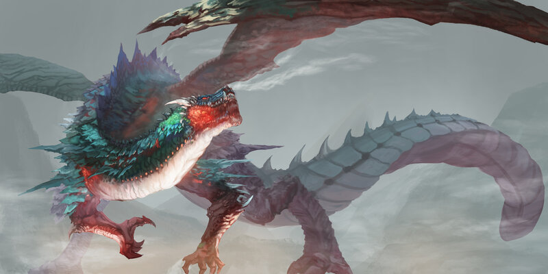Dragon in Misty Landscape — Gray