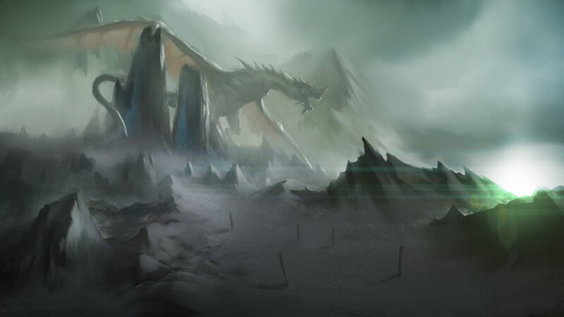Dragon in Mountain Landscape — Gray