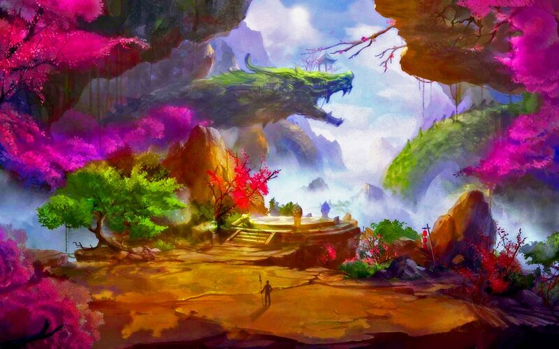 Dragon in Mountain Landscape — Pink