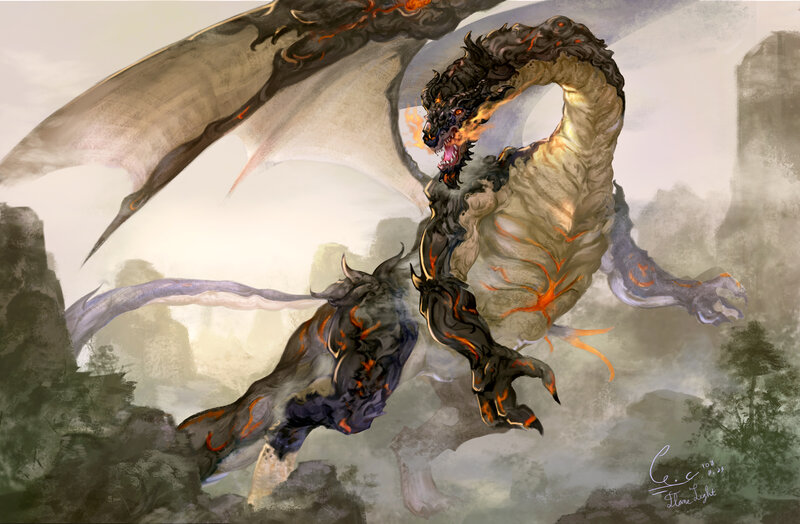 Dragon in Rocky Landscape — Gray, Dramatic