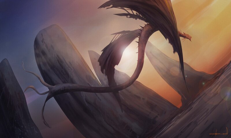Dragon in Rocky Landscape — Orange, Dramatic, Sunset, Digital Art