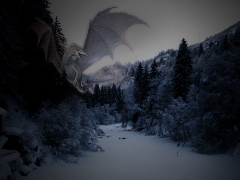 Dragon in Snowy Forest — White