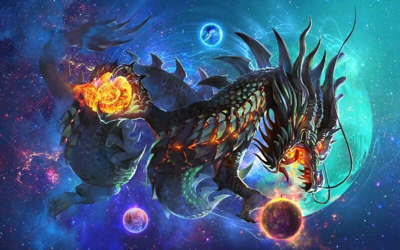 Dragon in Space — Blue, Dramatic, Digital Art