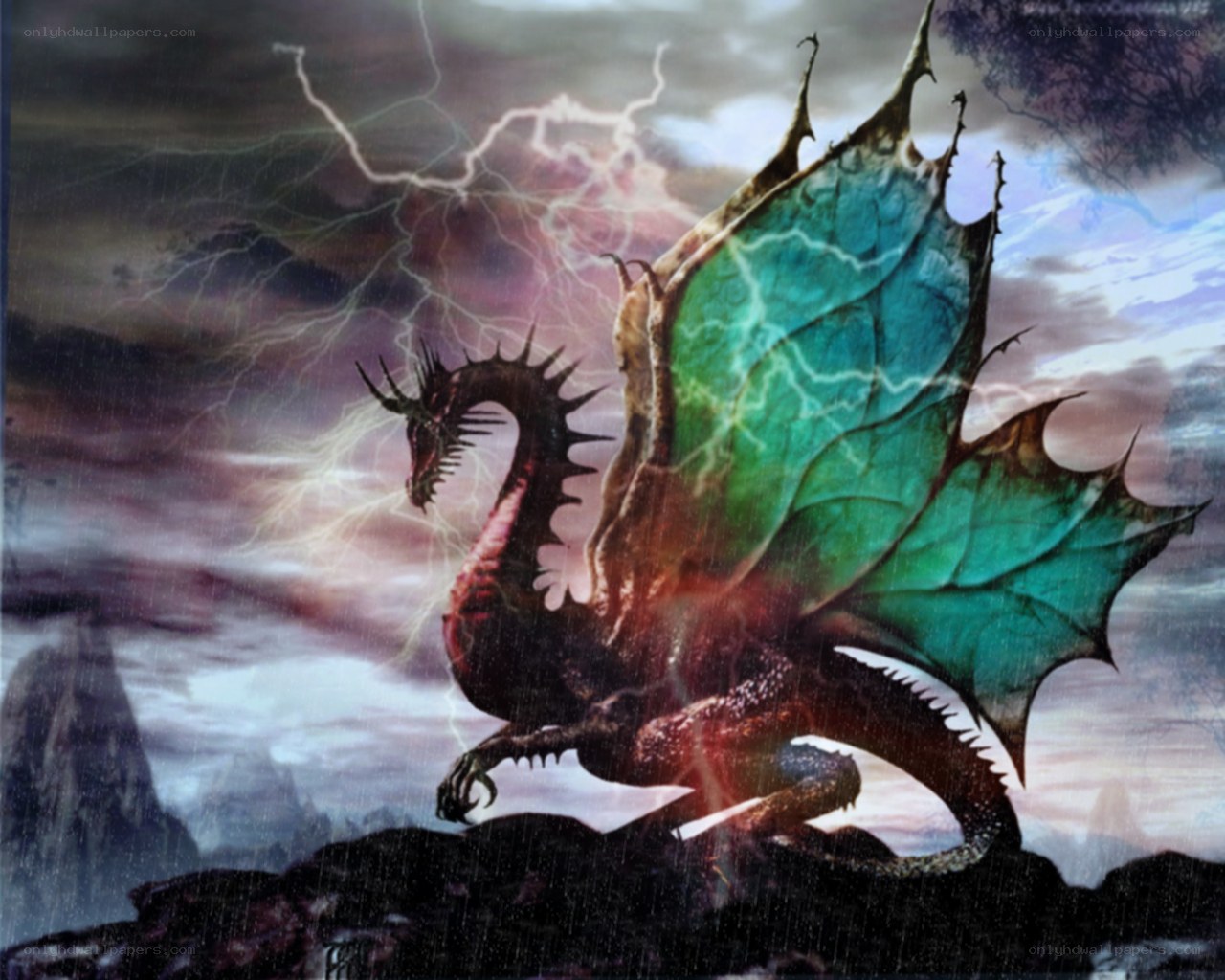 dragon in stormy landscape