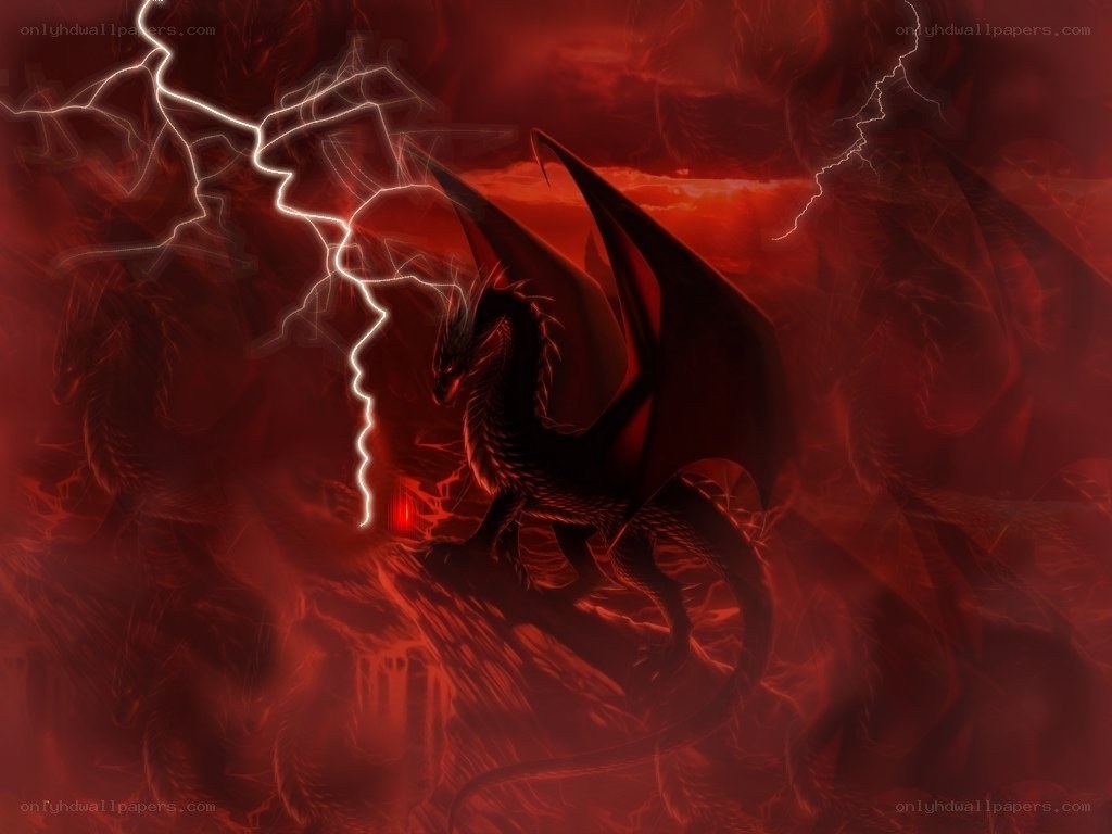 dragon in stormy red sky