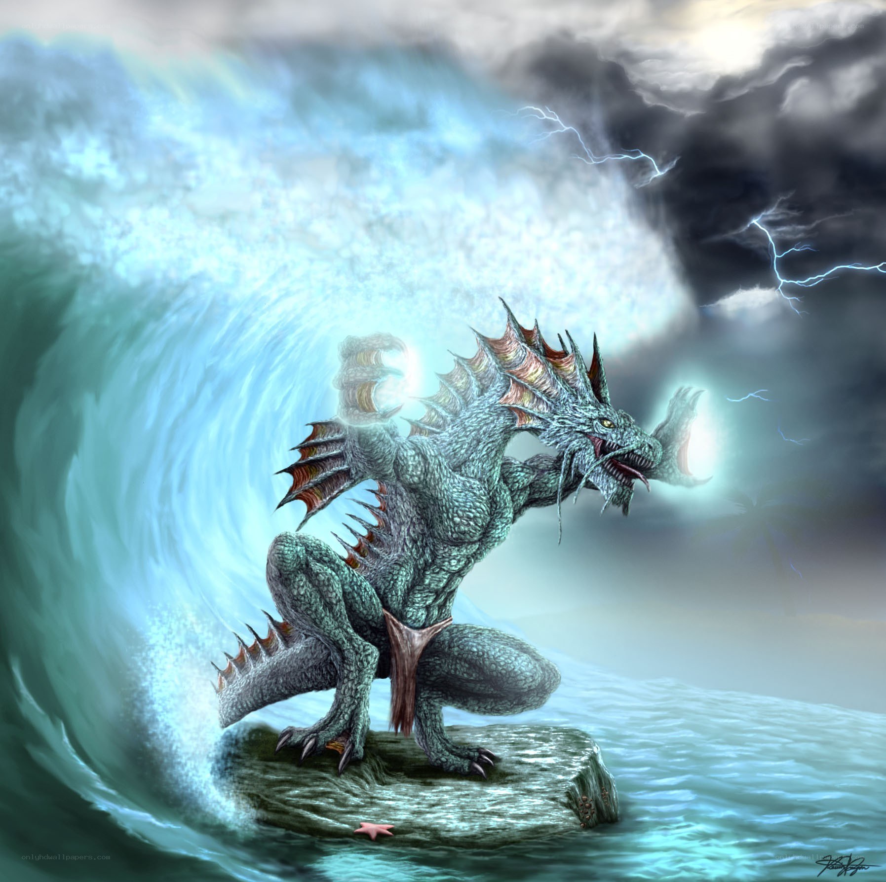 dragon in stormy sea