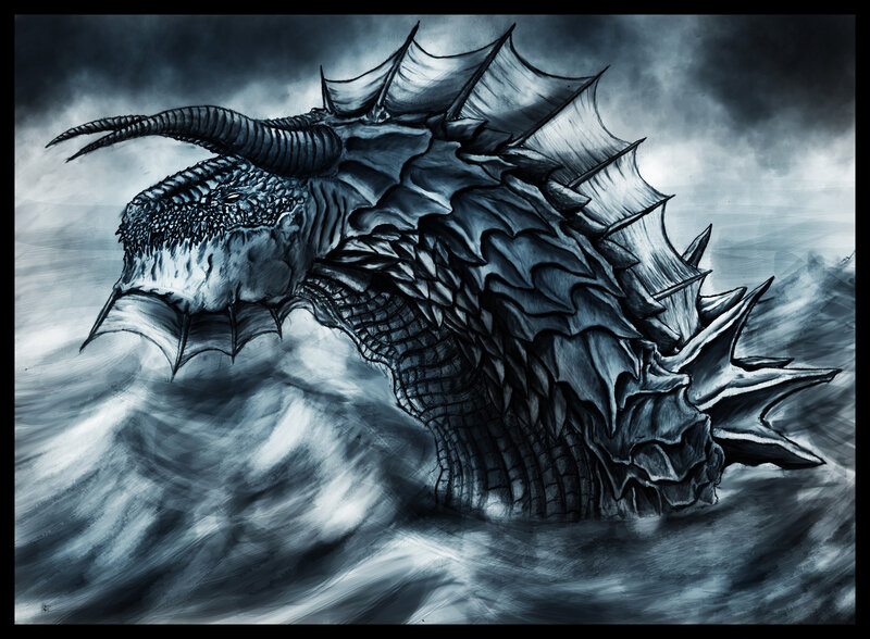 Dragon in Stormy Sea — Gray
