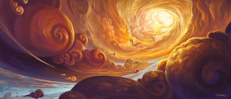 Dragon in Swirling Clouds — Orange, Dramatic