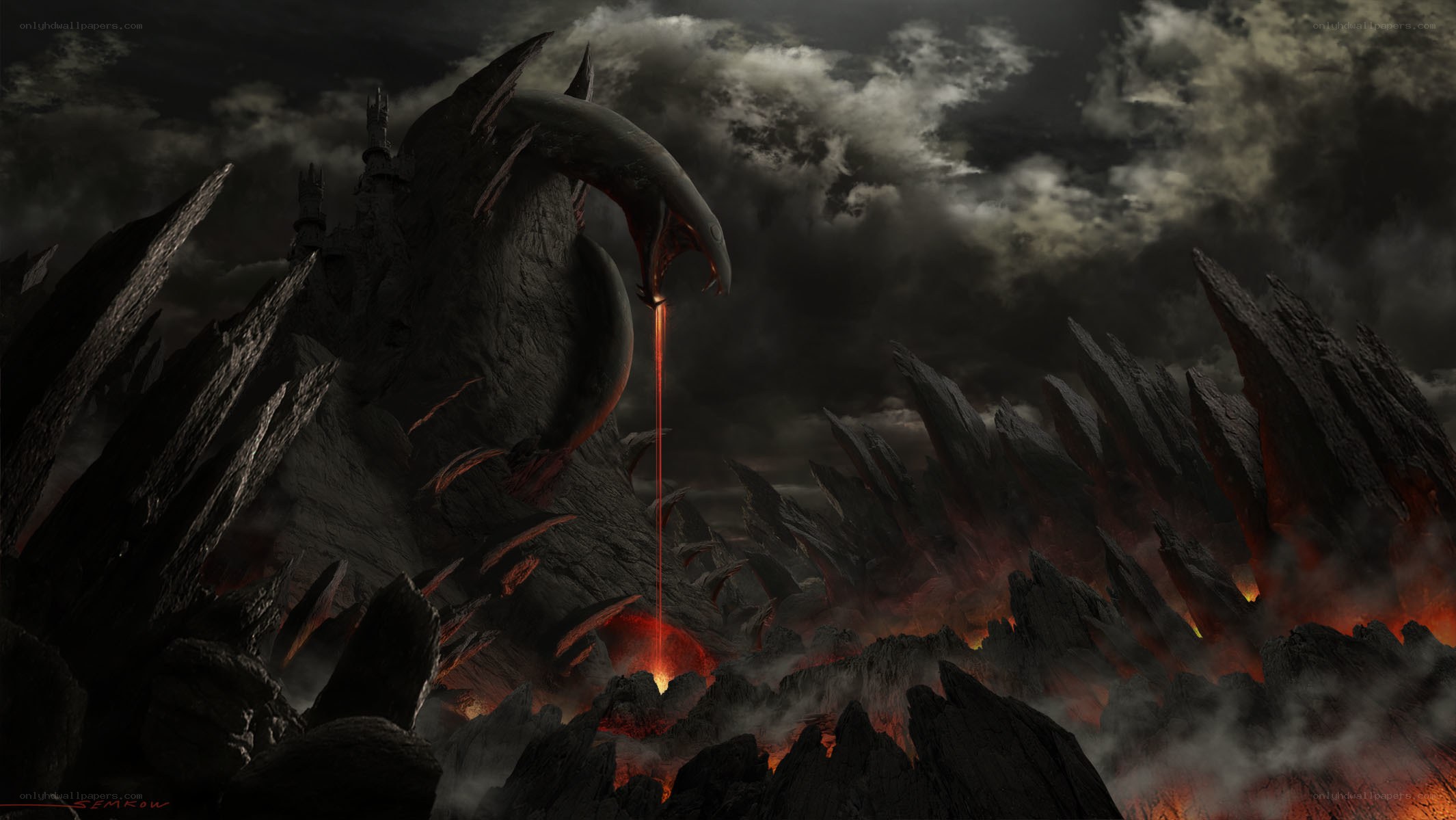 dragon in volcanic landscape