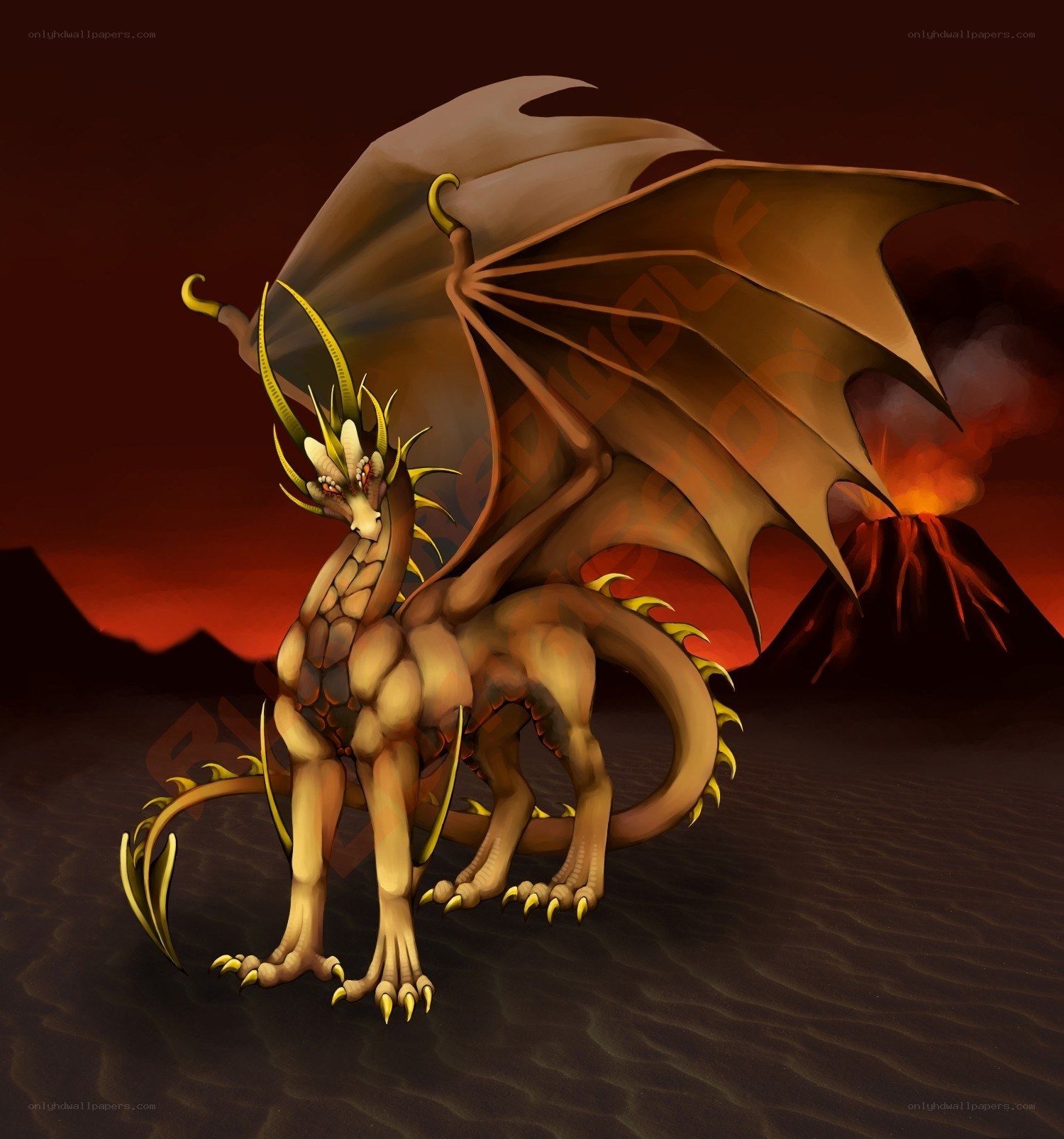 dragon in volcanic landscape