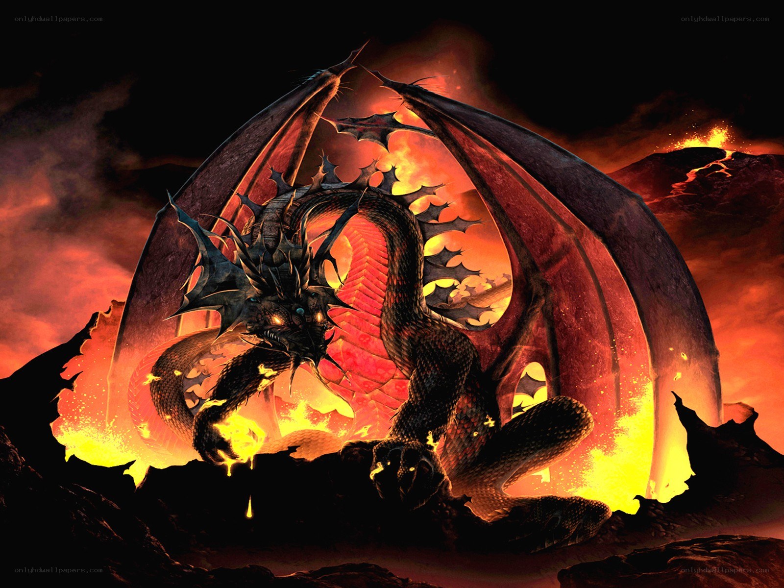 dragon in volcanic landscape