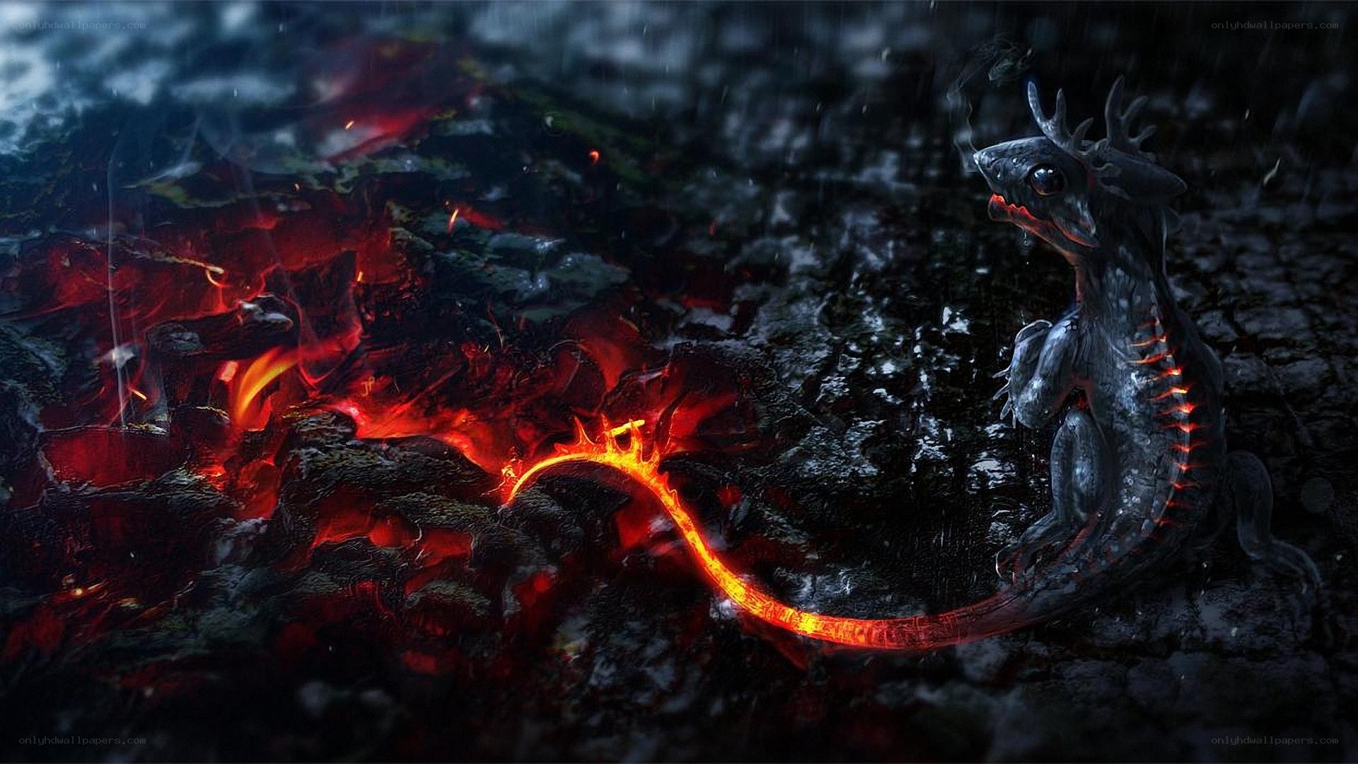 dragon in volcanic landscape