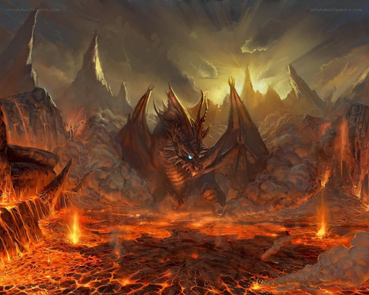 dragon in volcanic landscape