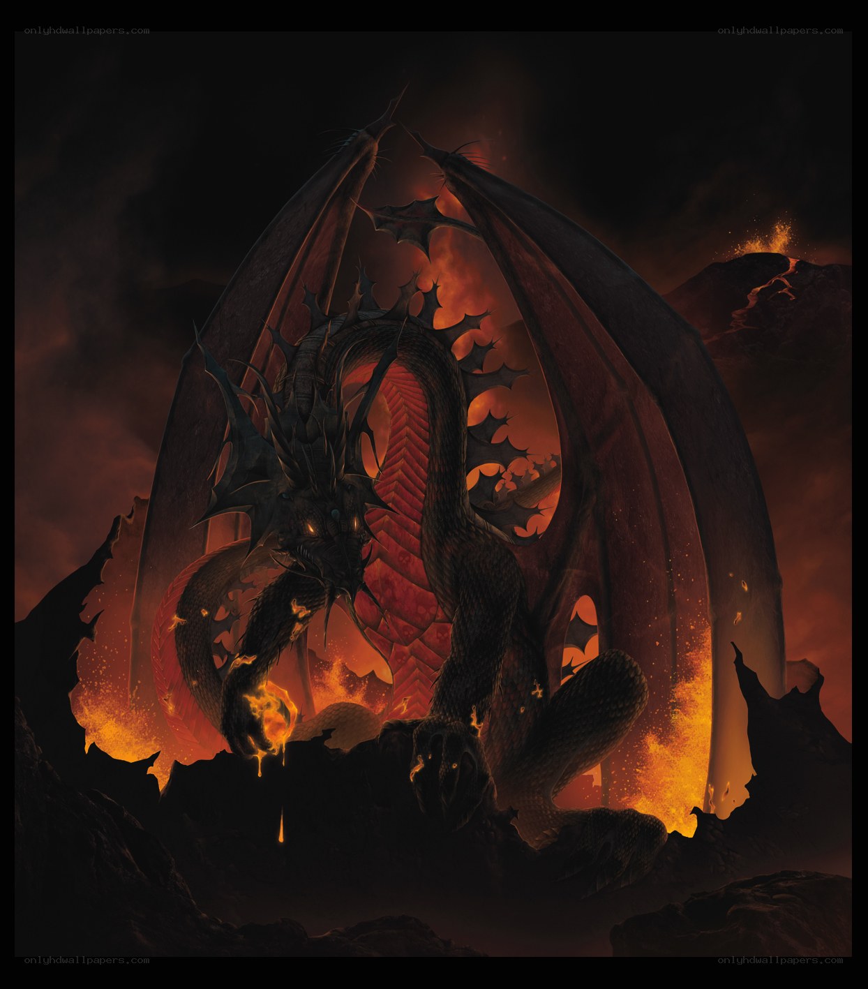 dragon in volcanic landscape