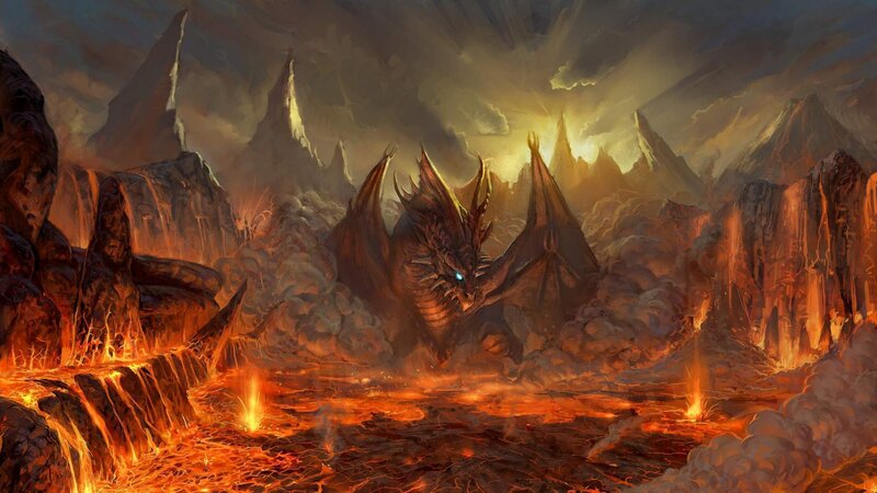 Dragon in Volcanic Landscape — Orange, Dramatic, Digital Art, Lava, Mountains